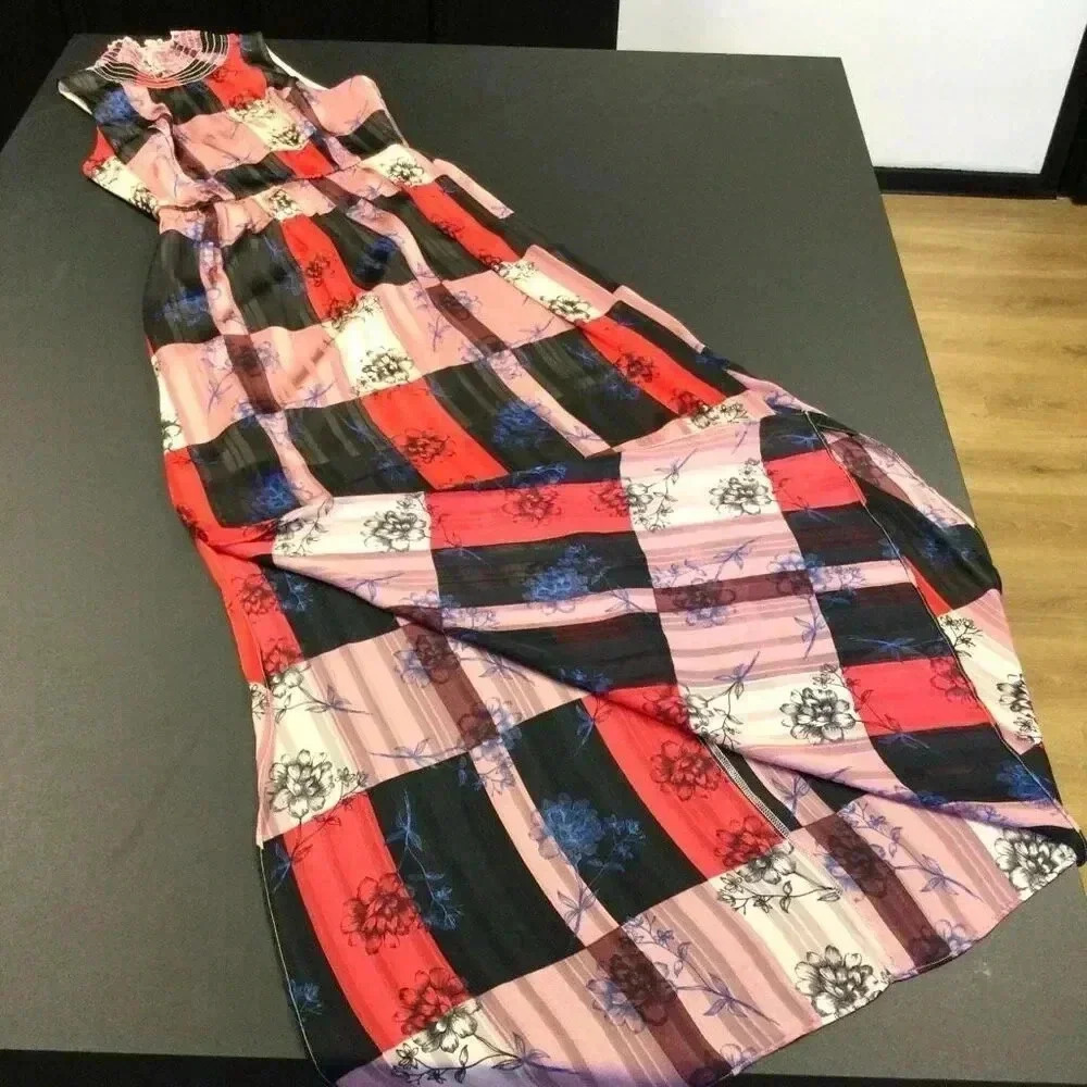 BCBGeneration Womens Multicolor Plaid Floral High Neck Maxi Dress Size‎ 4 NWT